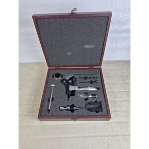 8 Piece WINE WOODEN BOX SET Stopper Opener Corkscrew Thermometer Cherry Box